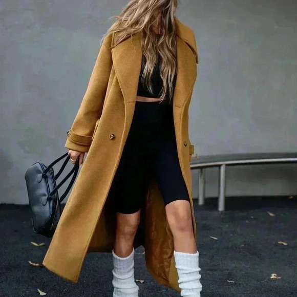 Khaki Casual Women's Oversized Double-Breasted Coat - Picture 3 of 8